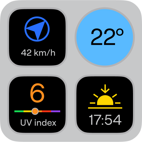 Get instant weather cues, like wind speed, temperature, UV-index and sunset time.